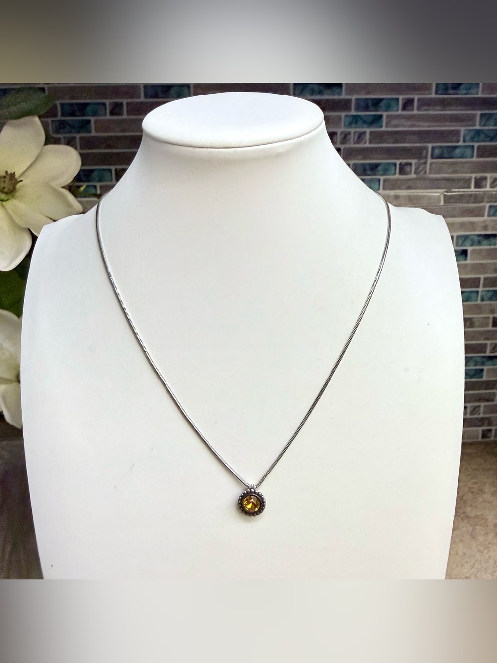 Brighton Twinkle Necklace Silver Tone Snake Chain Yellow Topaz Crystal Pendant